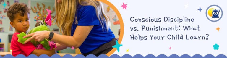 female teacher uses a stuffed animal to comfort a little boy